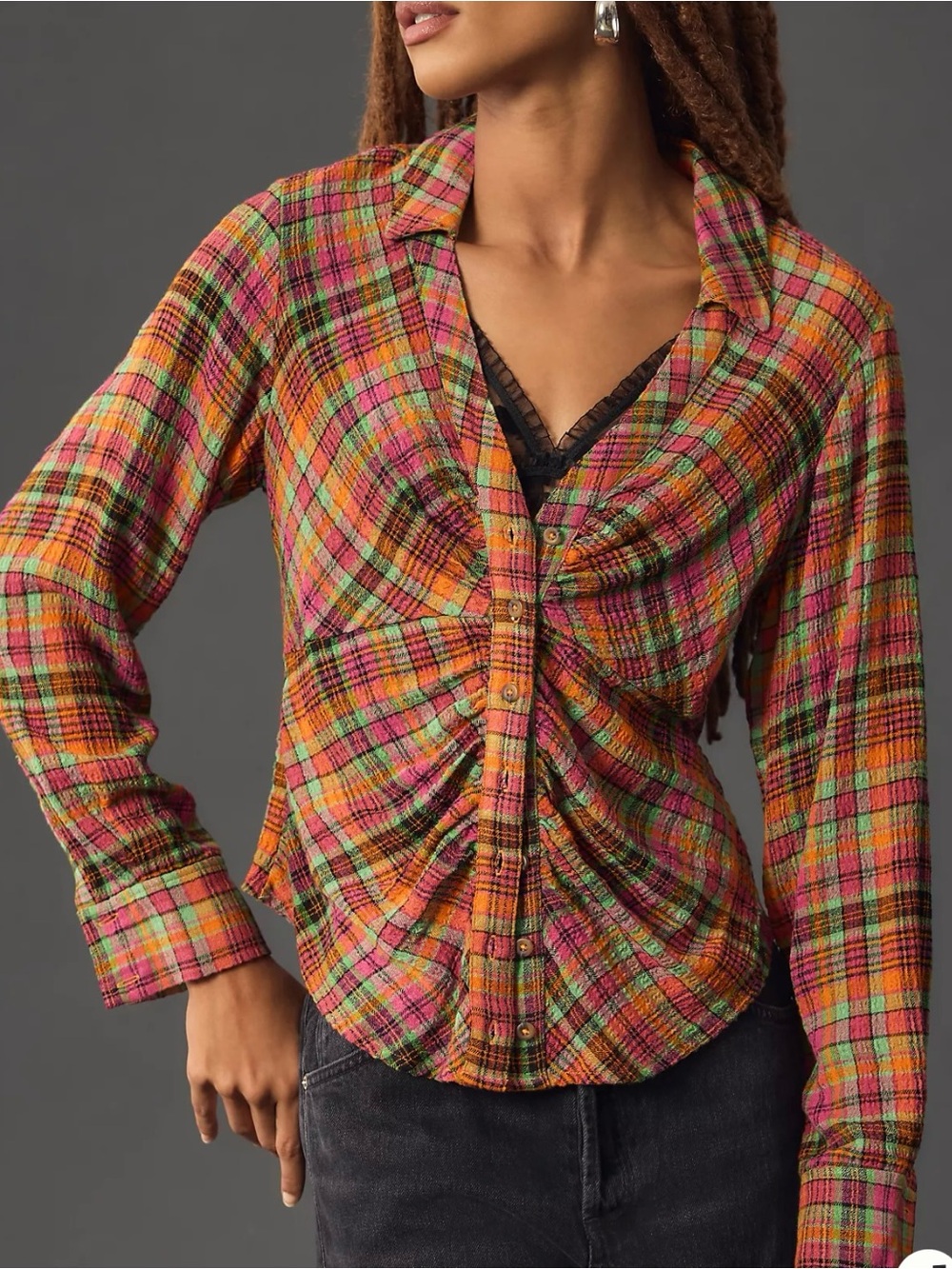Anthropologie Pilcro Plaid Ruched Button Down Top Small